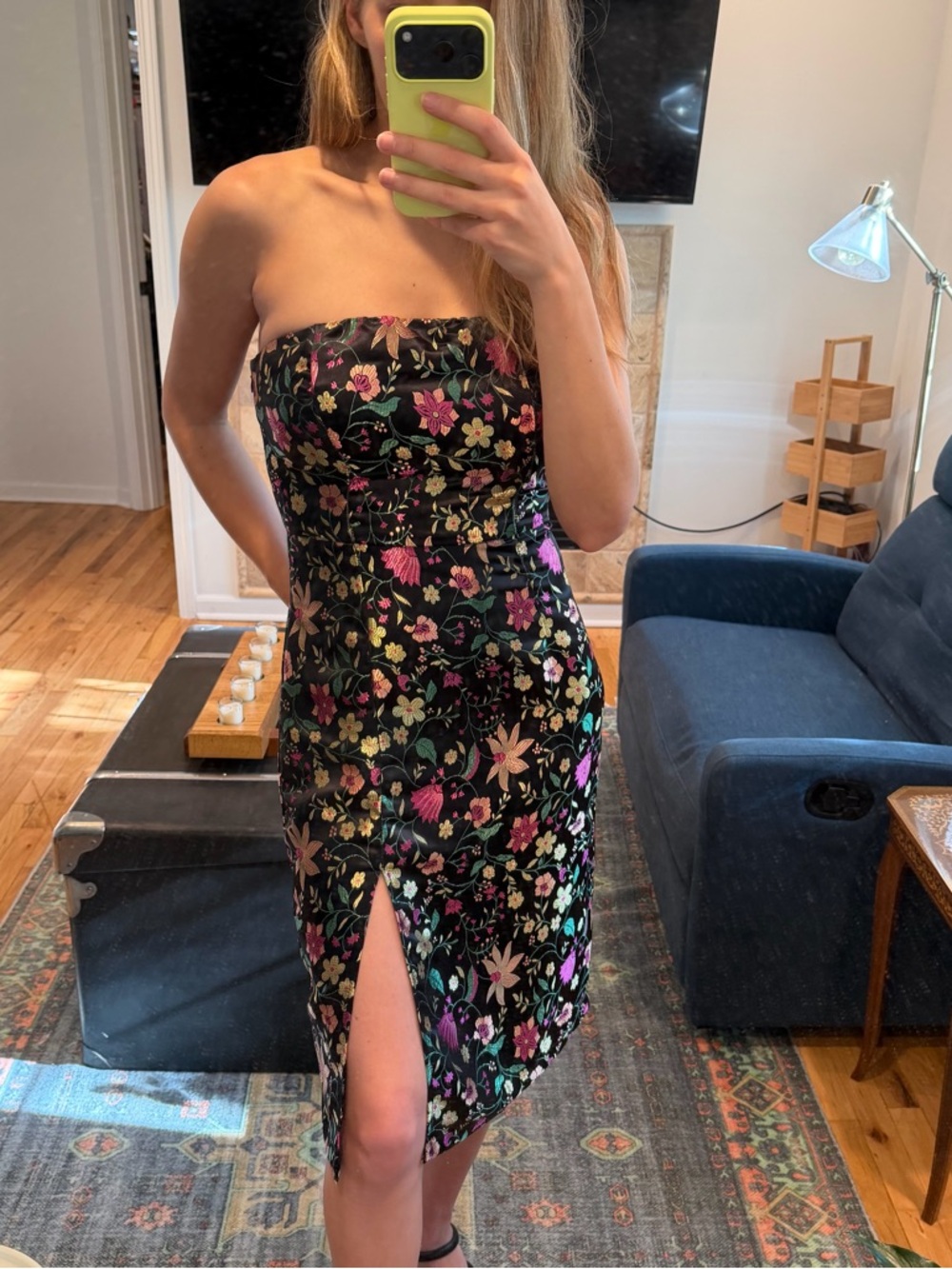 Lulu’s Make a Move Black Satin Floral Jacquard Strapless Midi Dress - Picture 2 of 7